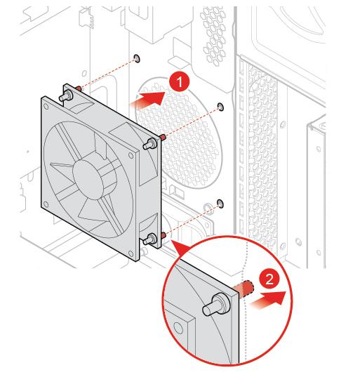 Figura 30. Installazione della ventola anteriore 7. Collegare il cavo della nuova ventola anteriore alla scheda di sistema. 8. Reinstallare i componenti rimossi.