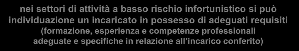 normativa Nomina nel contratto d appalto Particolarità nei settori di attività a basso rischio infortunistico si può individuazione un incaricato in possesso di