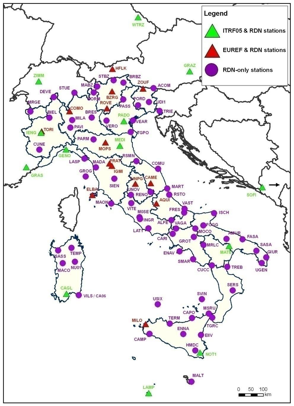 RDN Rete composta da 99 stazioni omogeneamente distribuite Interdistanza media circa 100 150 km (1 stazione ogni 3000 km 2 circa) Quasi tutte stazioni appartenenti ad Enti Pubblici