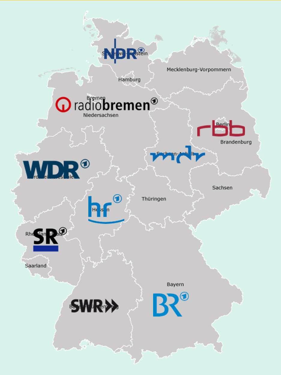 Struttura: 9 enti pubblici regionali istituiti dai 16 Lander gestiscono, ciascuno nel proprio territorio, il canale televisivo ARD3 e le stazioni radiofoniche locali.