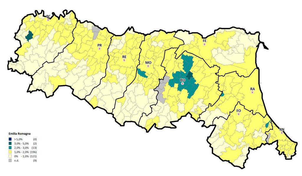 Figura IV.7. Distribuzione dell Indice del mercato immobiliare (IMI) per Provincia e Comune dell Emilia-Romagna.