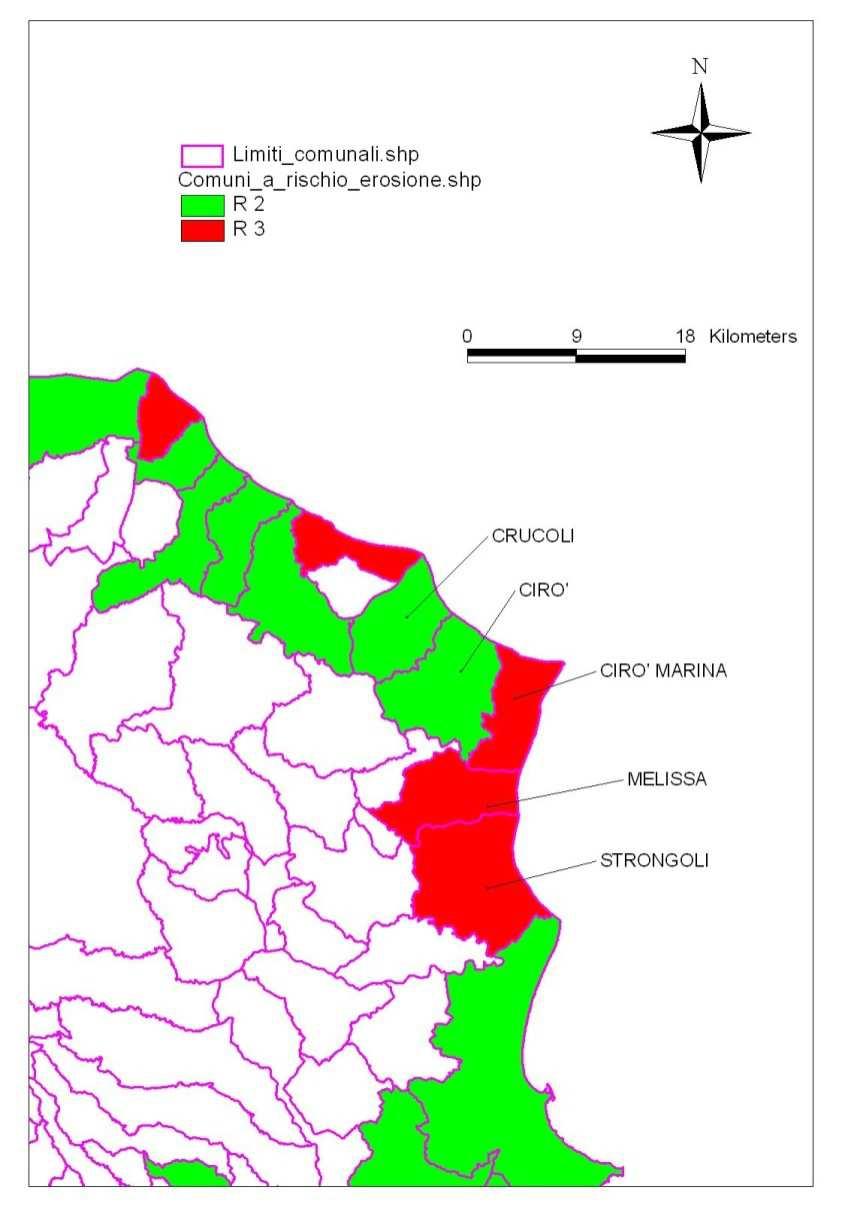 Il quadro complessivo del RISCHIO DI EROSIONE COSTIERA del litorale dell Area 4 definito dal PAI Regione Calabria (riferito al confronto tra la linea di costa de 1954 e quella del 1998) è il