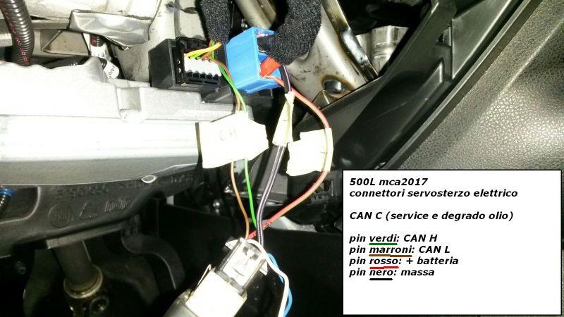 500L da 06/2017 Smontare rivestimento sotto a volante e collegarsi al connettore del servosterzo elettrico su cui è presente