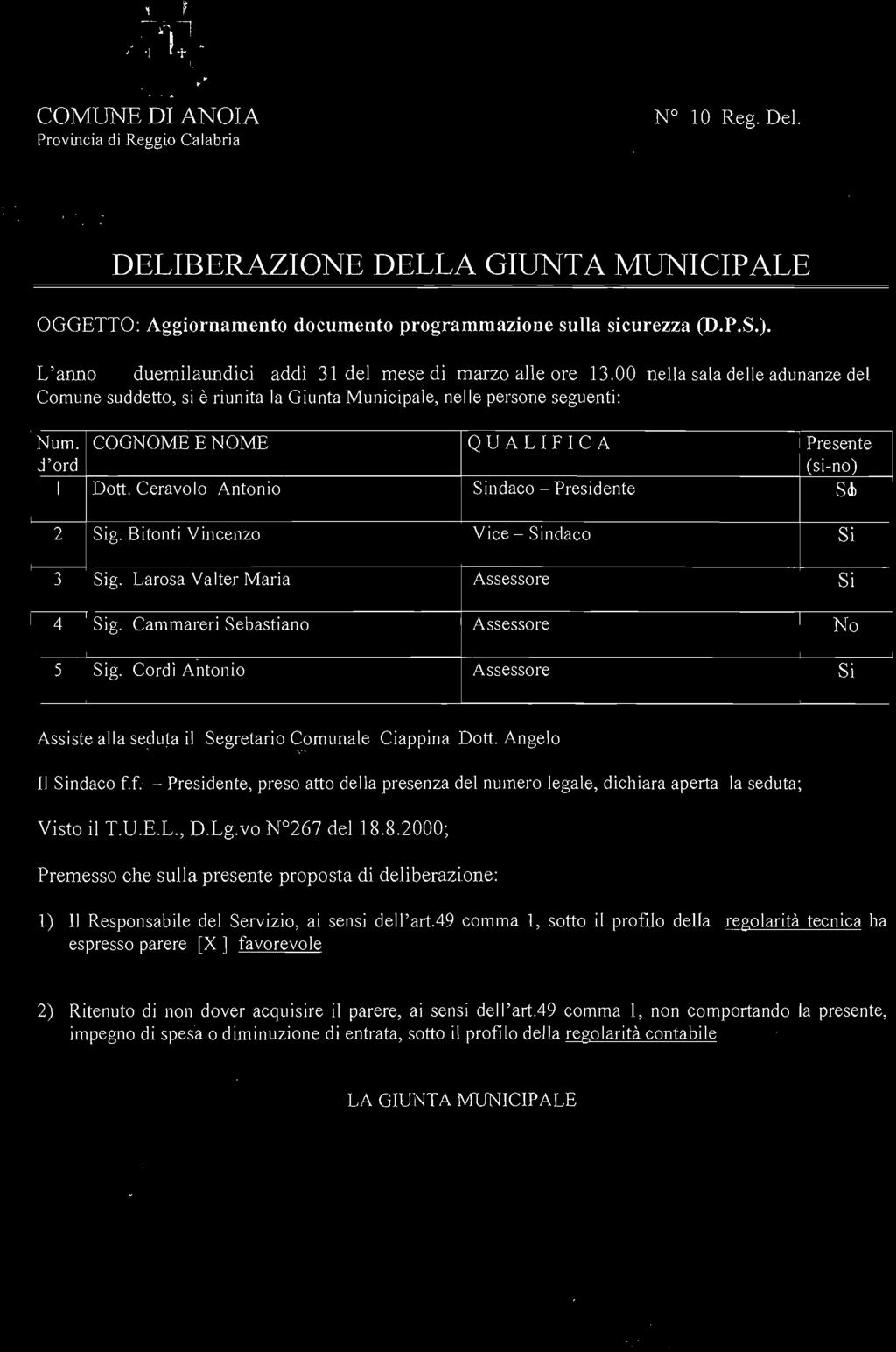 d'ord COGNOME E NOME QUALIFICA Presente (si-no) I Dott. Ceravolo Antonio Sindaco Presidente SII> 2 Sig. Bitonti Vincenzo V ice - Sindaco Si 3 Sig. Larosa Valter Maria Assessore Si 4 Sig.