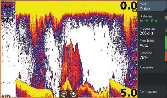 cronologia del sonar eseguendo una panoramica dell immagine regolare Sensibilità e Linea colore dal menu del riquadro alternare le frequenze sonar disponibili nel menu L