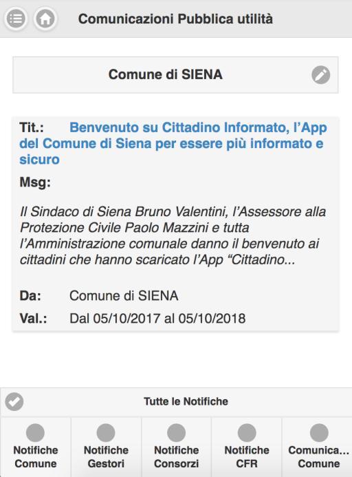 Comunicazioni di pubblica utilità sulla APP Una volta inviata la notifica push e ricevuta coi normali sistemi del dispositivo, successivamente è possibile consultare le notifiche attive, cioè con