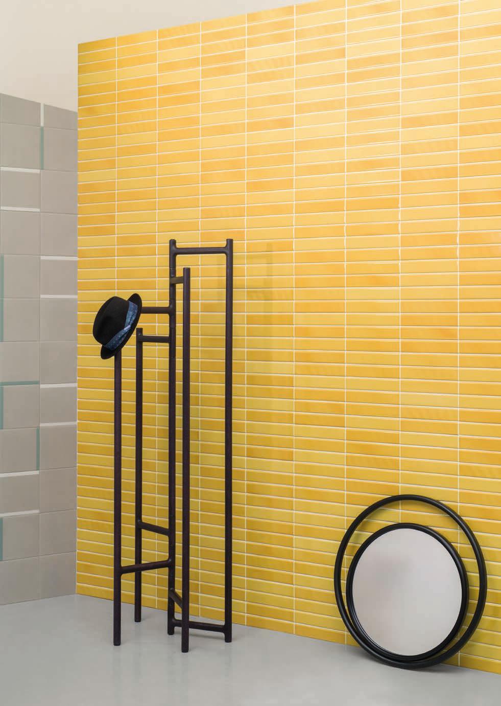 TINTE Rivestimento in pasta bianca White body wall tiles 5X25CM 2"X10" 9MM TINTE From white to black via yellow ochre, antique pink, powder blue and metallised finishes, here, colour in all its
