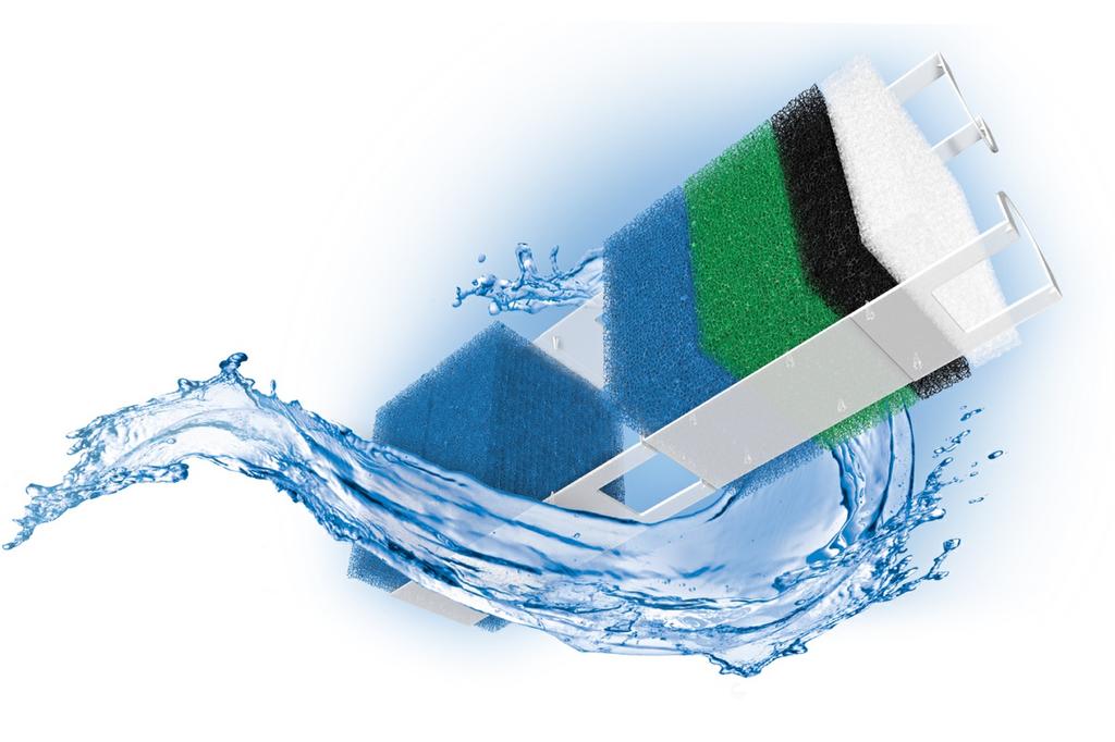 Il filtro JUWEL Bioflow ONE è composto da: - pompa - scatola del filtro con sede per il riscaldatore (disponibile come optional) - 2 spugne filtranti fini blu - bioplus fine ONE - 4 ventose -