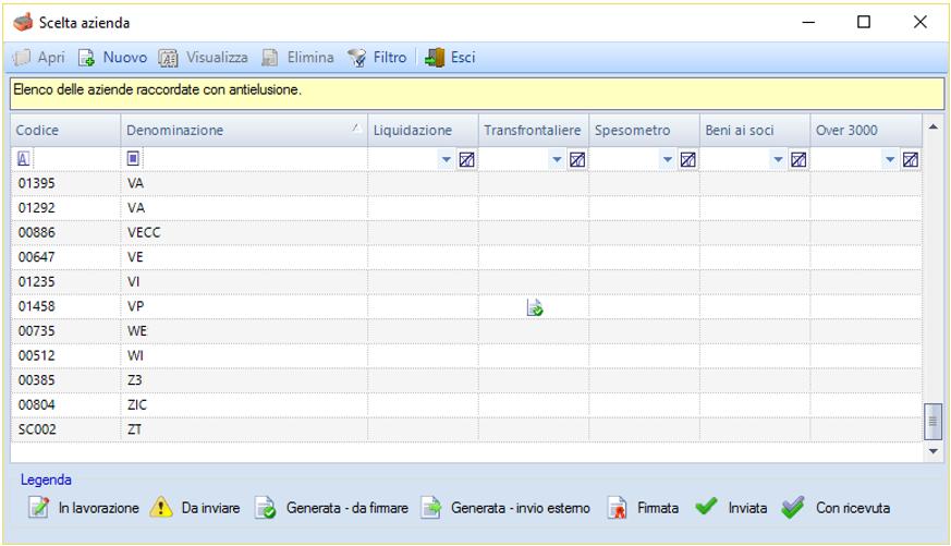 l elenco delle aziende che visualizza l elenco di tutte le aziende già raccordate con Anti Elusione, per le quali si è già gestito uno degli adempimenti disponibili nel programma, Liquidazione IVA,