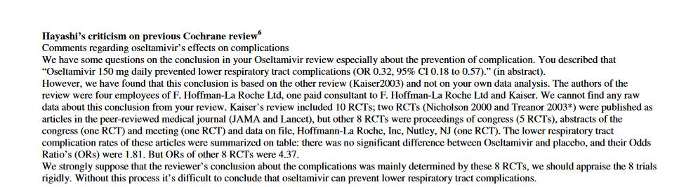 Tamiflu nel ridurre gli esiti più gravi dell influenza E la stessa OR della revisione del 2003 (Kaiser L. e al.
