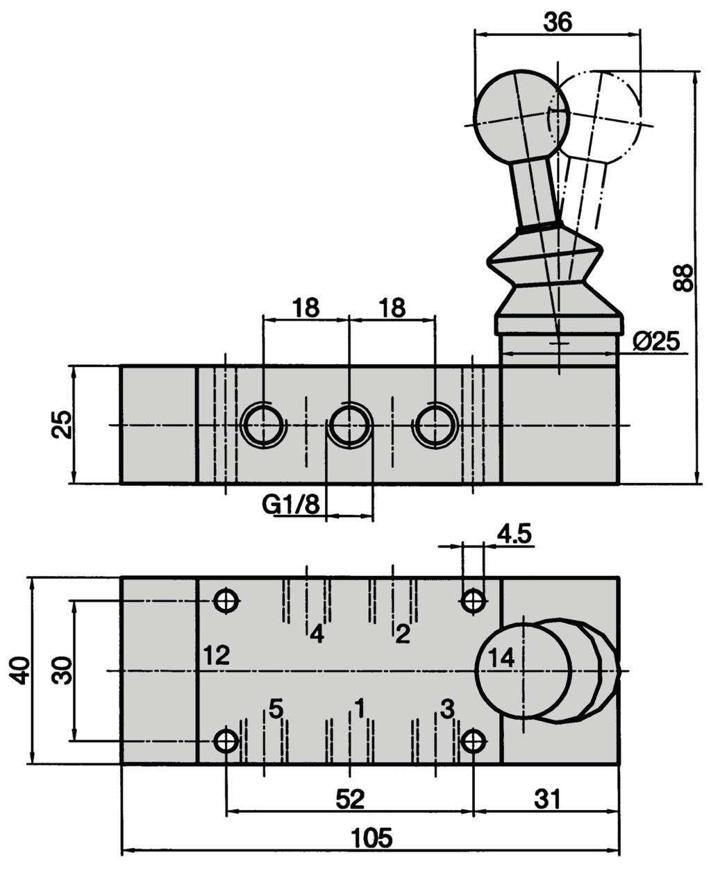 Valvole manuali a leva con ritorno a molla o dentello 3/2-, 5/2- e 5/3-vie G/8 a G/2 750 a 3300