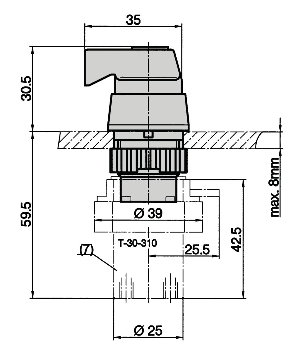 Serie T Valvole per montaggio a pannello Dimensioni per attuatore Ø 22,5 mm Interruttore a 2 posizioni, numero d'ordine 8-T-23-03 (7) = il corpo di alluminio è libero di ruotare.