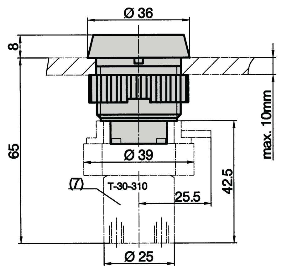 Serie T Valvole per montaggio a pannello Dimensioni per attuatore Ø 30 mm Pulsante, numero d'ordine 8-T-33-0-xx (secondo la tabella dei codici colore) (7) = il corpo di alluminio