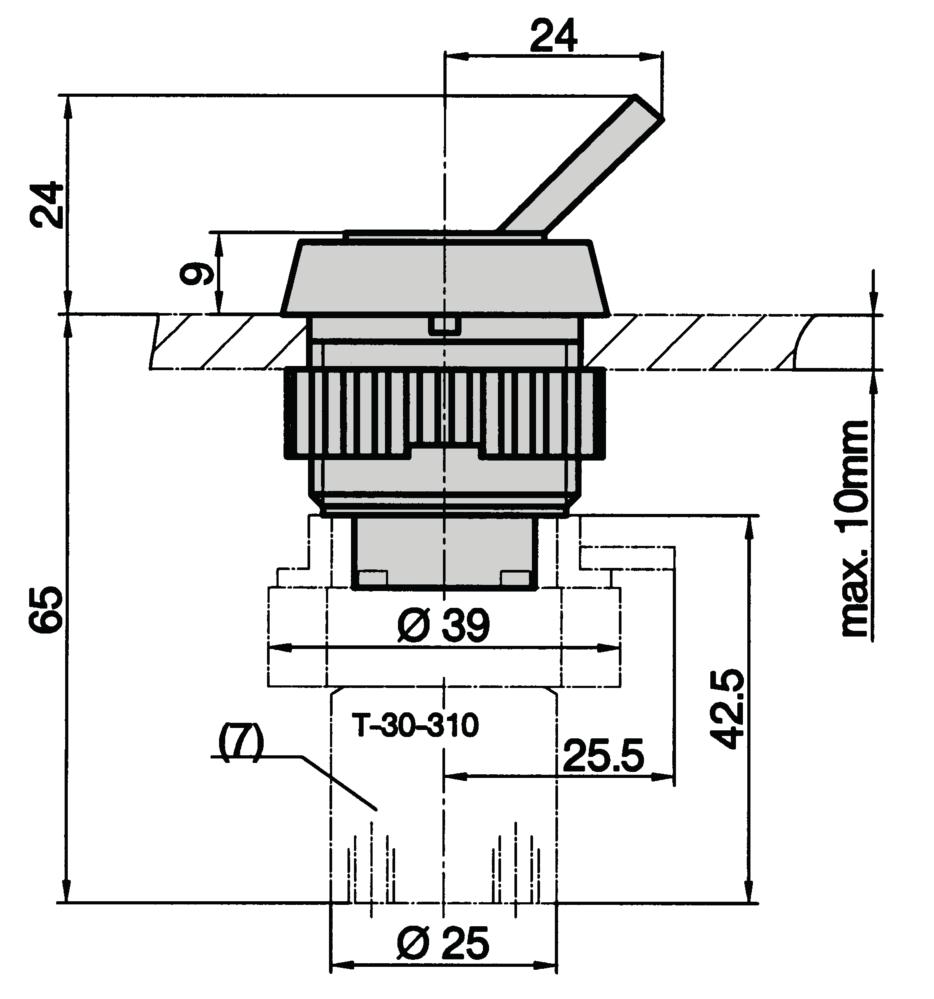 Serie T Valvole per montaggio a pannello Dimensioni per attuatore Ø 30 mm Levetta, numero d'ordine 8-T-30-06 (7) = il corpo di