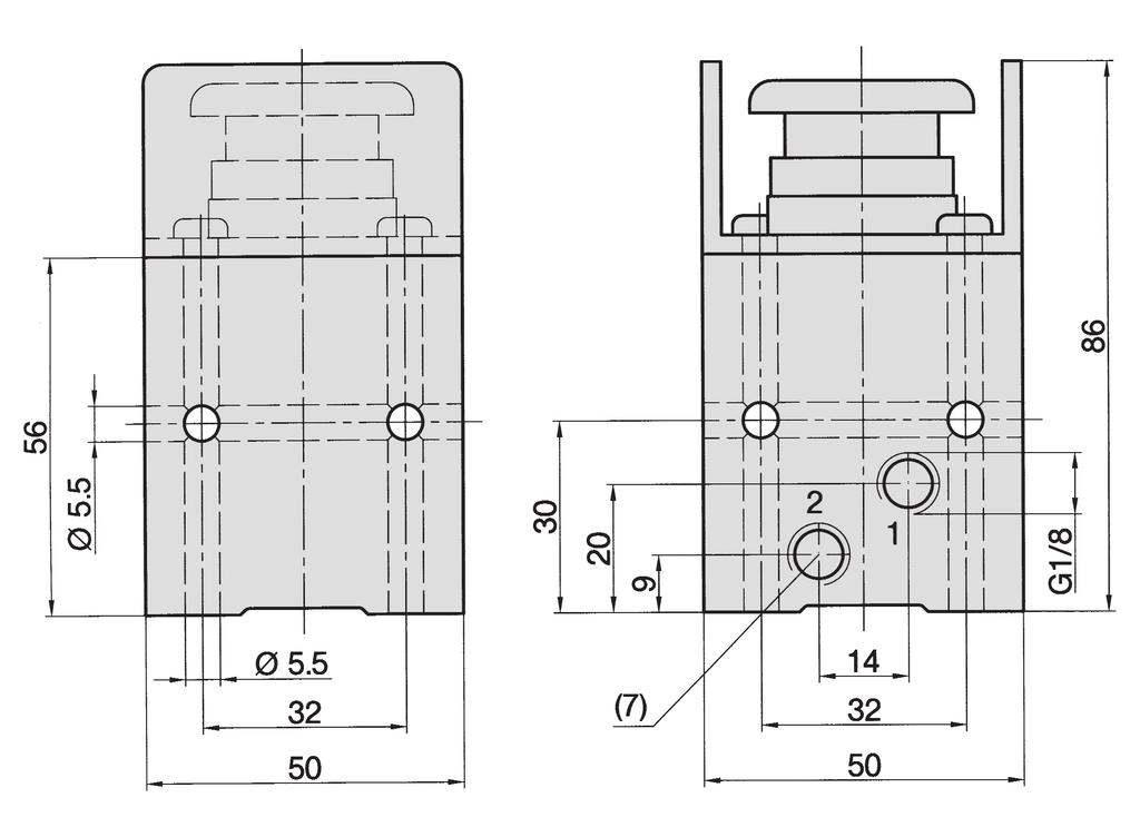 Valvola a pulsante servopilotata 3/2-vie, G /8, 220 Nl/min (0.224 Cv) Dimensioni valvola a pulsante ST-8-30.