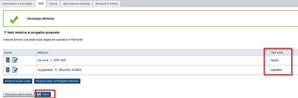 Pagina «Sedi» Compilare tutti i riquadri e premere «Salva».