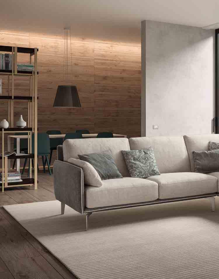 LIVING Minimal Divano laterale cm 175 sx e penisola con pouff dx Piede Trim finitura cromo Tre cuscini decoro cm 40x40 e un cuscino decoro cm 55x45 175 cm left-sided sofa and