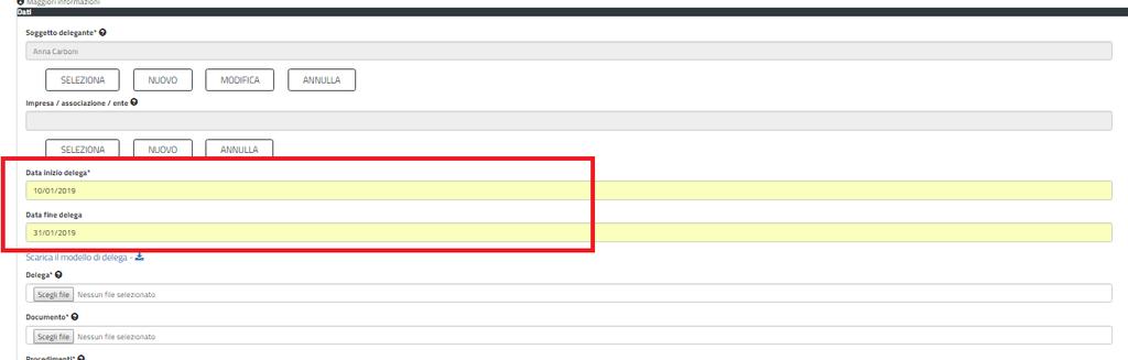 Figura 10_Inserimento dati del soggetto delegante Una volta che è stata compilata e salvata la maschera con i dati del soggetto delegante, l