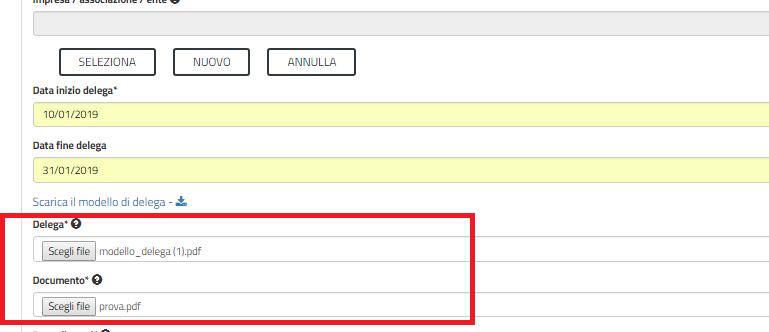 Il modello di delega presentazione pratica, dopo essere stato scaricato, deve essere opportunamente compilato dal soggetto delegante per poi essere ricaricato dall utente delegato.