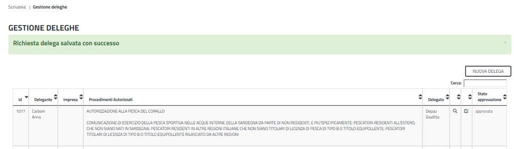 Conclusa la fase di gestione della nuova delega il sistema riporta il messaggio di esito positivo della procedura e l utente