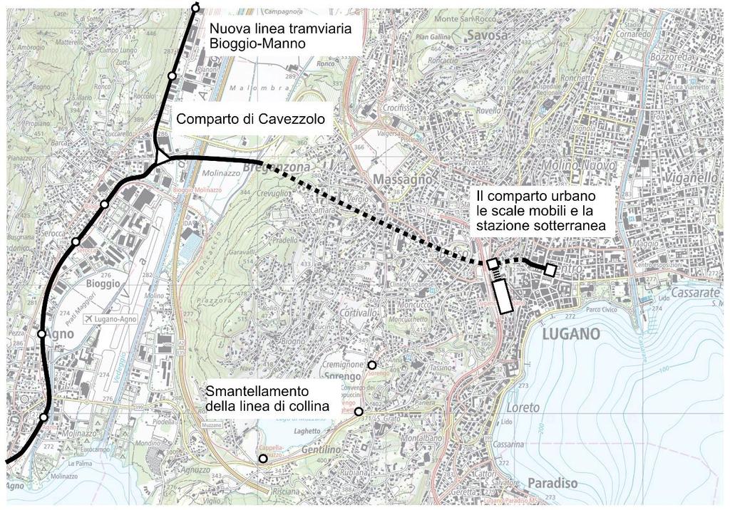 b) la realizzazione di una linea tram da Pian Scairolo alla stazione FFS di Lugano e prolungamento verso l'ospedale civico, Trevano e Tesserete.