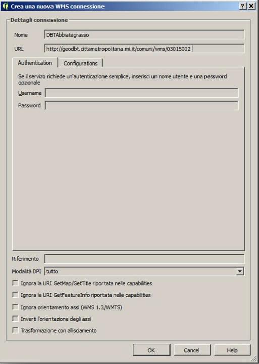 3. Dalla finestra Crea nuova versione connessione WMS : a.