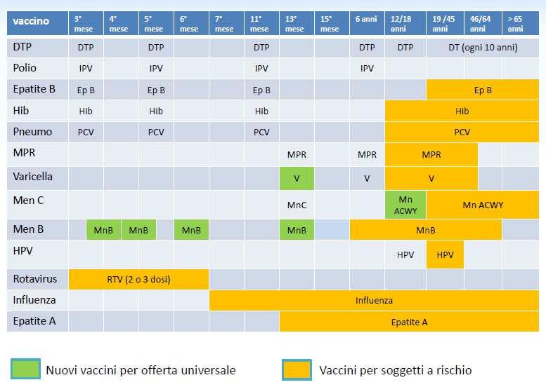 Piano nazionale prevenzione vaccinale 27-29 Calendario delle vaccinazioni offerte gratuitamente NOVITA 27 NUOVE OFFERTE Dal 27, in attesa del finanziamento LEA per l avvio del nuovo Piano Nazionale