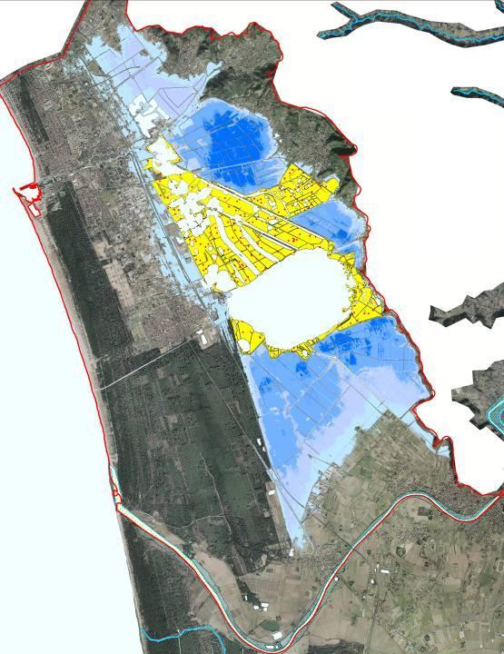 Inviluppo massimi livelli idrici condizioni statiche 0.20 m s.l.m (Rottura arginale del lago, con livello iniziale lago Tr=30 anni) 0.