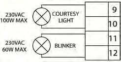 3 USCITA LUCE DI CORTESIA Collegare il cavo di alimentazione tra i morsetti 9 e 10 della centralina, 230Vac 100W MAX.