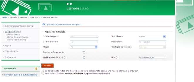 Figura 53: Pannello Gestione Gestione Servizi Dettaglio inserimento servizio Effettuato l