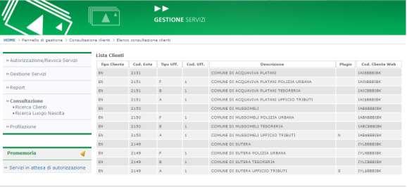 di ricerca consente di effettuare una ricerca su: Tipo cliente Codice ente Descrizione ente A valle della selezione dei criteri di ricerca il click su Ricerca