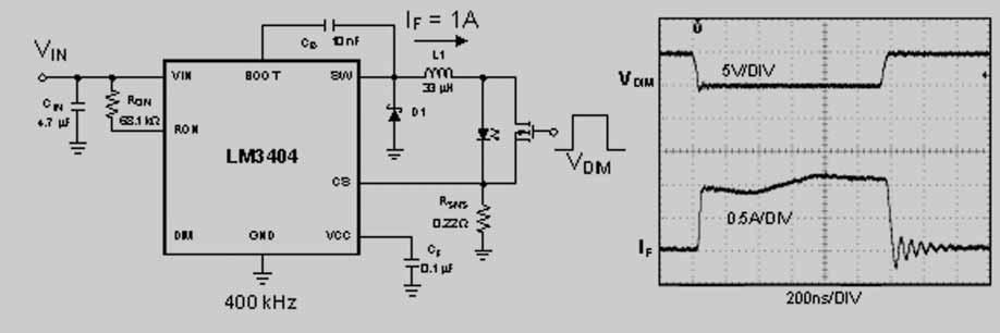 Fig. 3 Circuito con FET in parallelo con le relative forme d onda ce il tempo necessario alla corrente di uscita per passare da 0 al valore desiderato, mentre t SD rappresenta il tempo richiesto