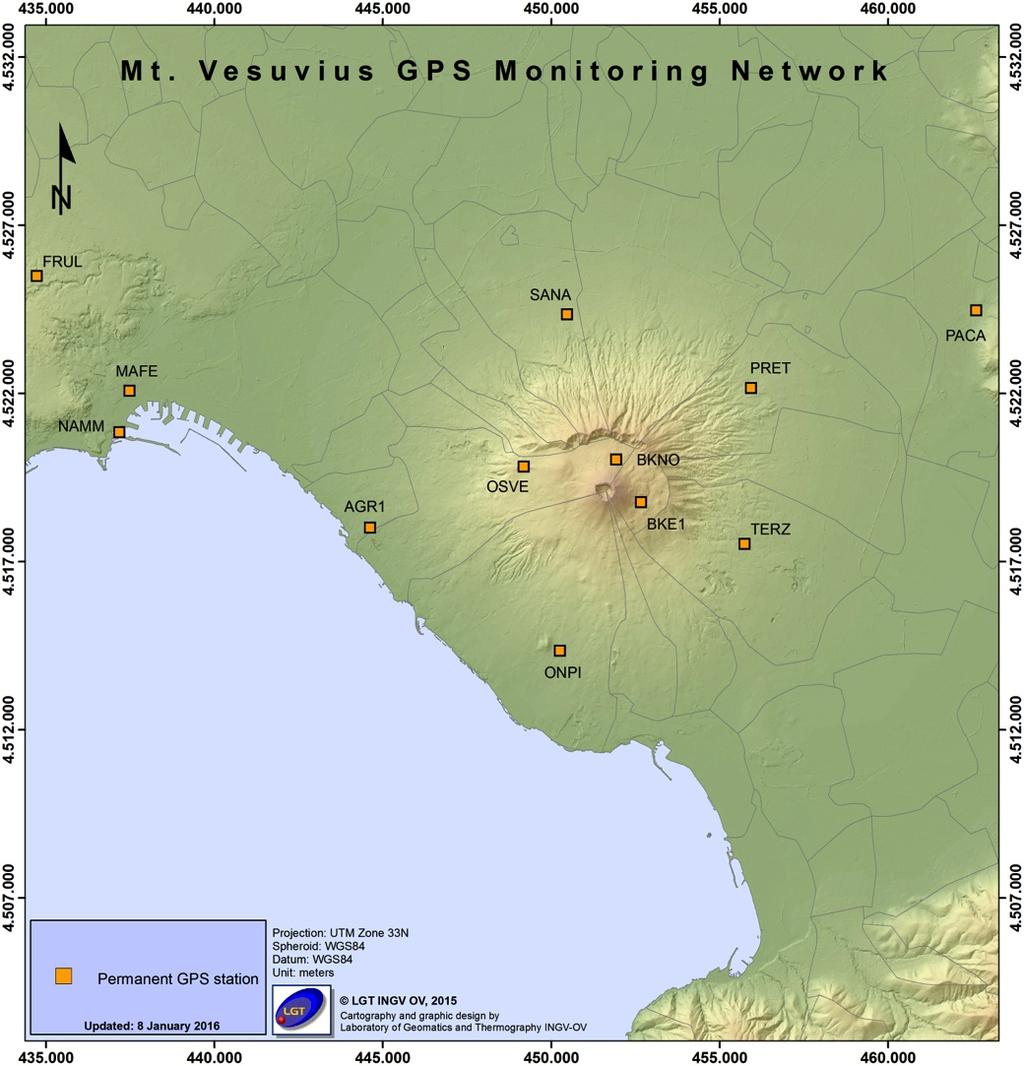 2 - Deformazioni del Suolo GPS In Figura 2.1 è mostrata la Rete GPS Permanente operativa al Vesuvio con 8 stazioni ubicate sulla struttura vulcanica.
