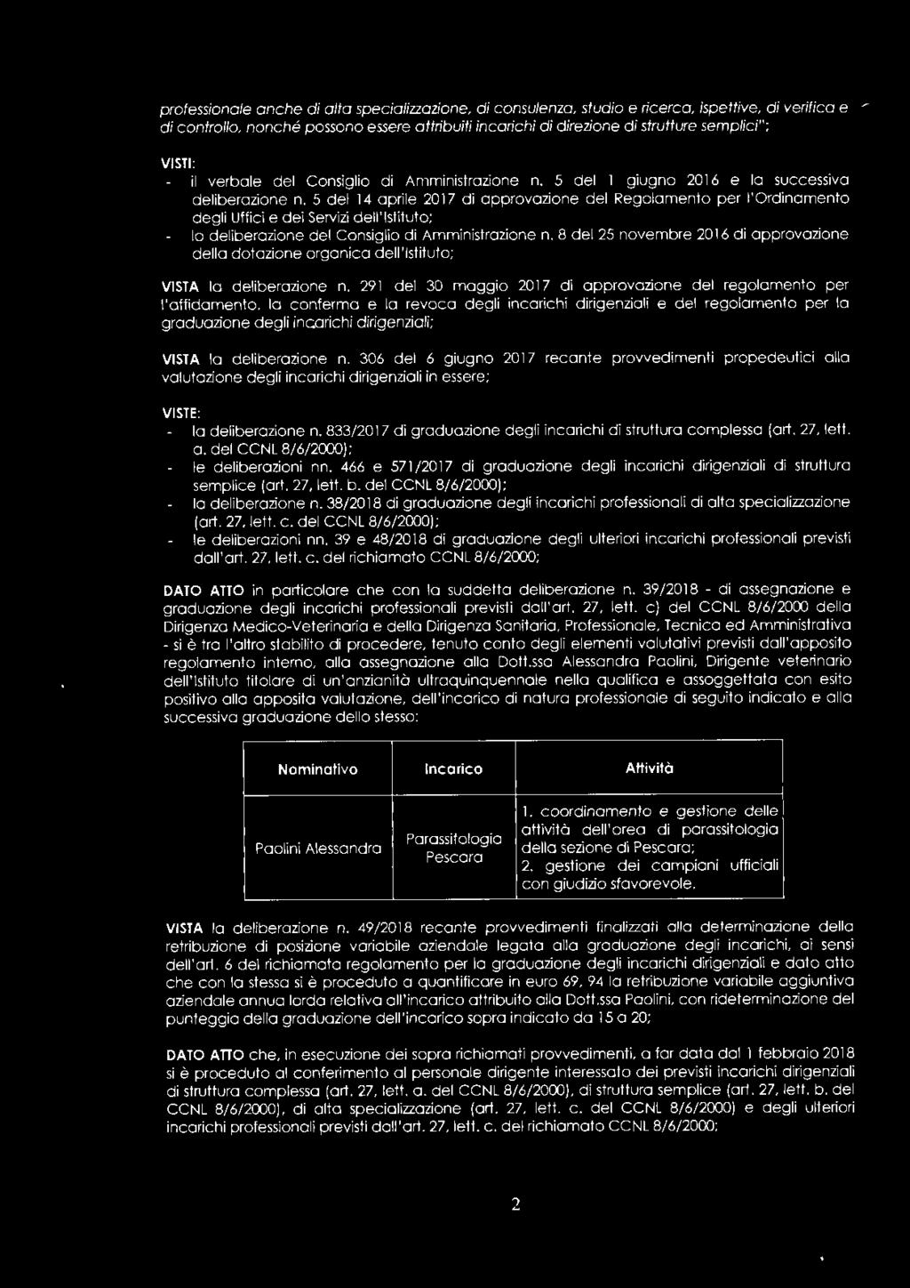 5 de 14 aprie 2017 di approvazione de Regoamento per 'Ordinamento degi Uffici e dei Servizi de'istituto; a deiberazione de Consigio di Amministrazione n.