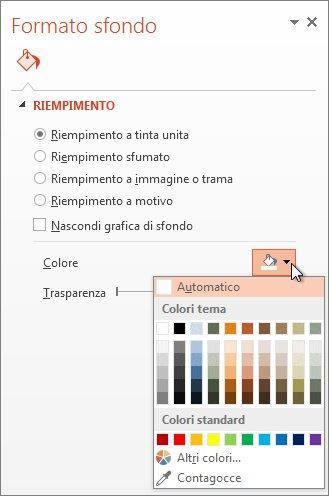 Formattare il colore di sfondo delle diapositive È possibile formattare lo sfondo di una diapositiva con un colore, un motivo di riempimento o una trama.