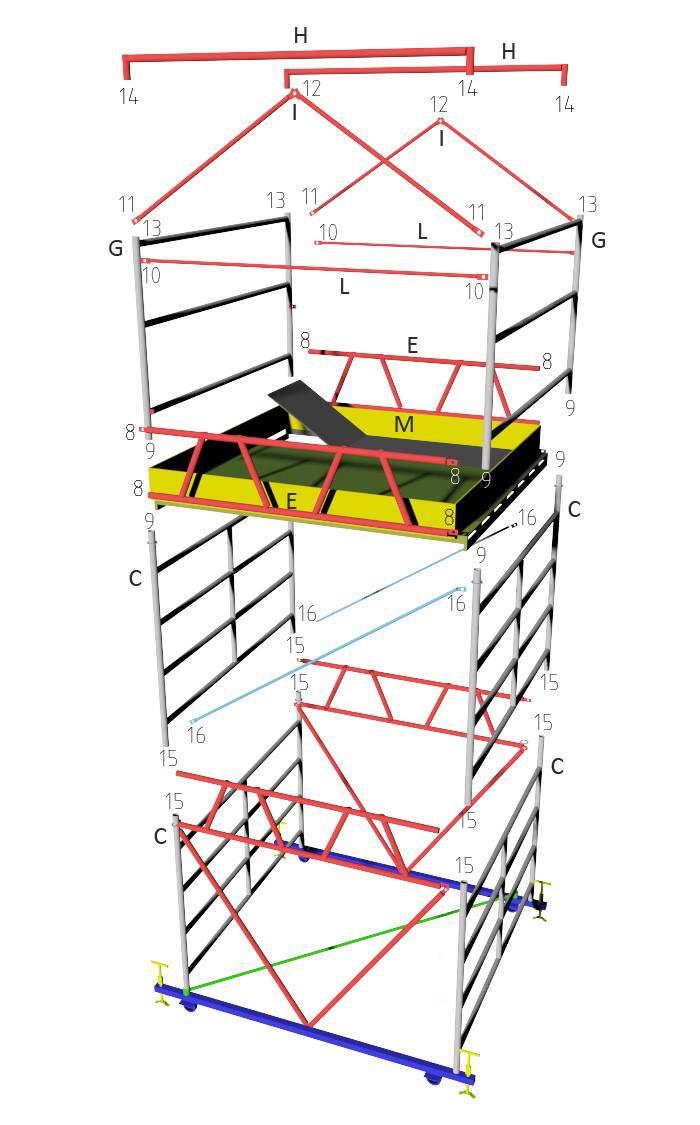 4.2.5 Montaggio dei livelli superiori 22. Innestare i due elementi (C) sui manicotti (15) degli elementi C sottostanti 23.