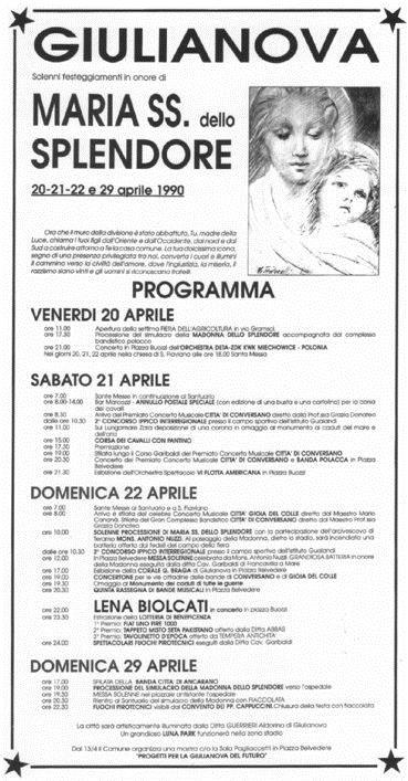 Programma della Festa della Madonna dello Splendore - Giulianova 22 Aprile 1990 VENERDI 20 APRILE - Orchestra polacca Miechowice - Processione della Madonna dello Splendore dal Santuario al Duomo.