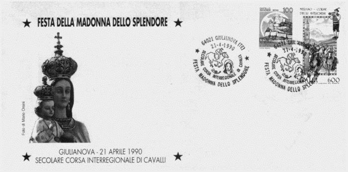 Annullo con timbro postale della Madonna dello Splendore in occasione della corsa dei cavalli a Giulianova