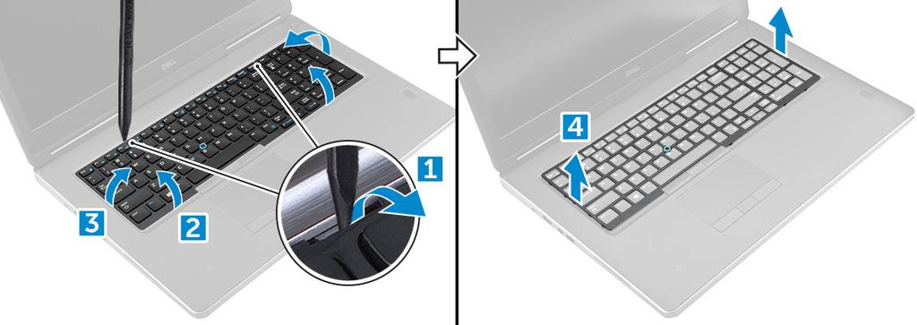 Tastiera Rimozione della tastiera 1 Seguire le procedure descritte in Prima di effettuare interventi sui componenti interni del computer.