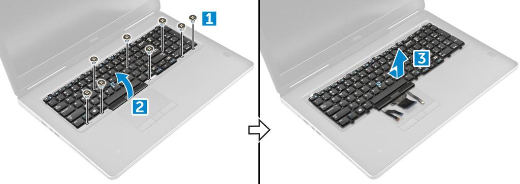 a Rimuovere le viti M2.0x2.5 che fissano la tastiera al computer [1]. b Sollevare e far scorrere la tastiera per rimuoverla dal computer [2, 3].