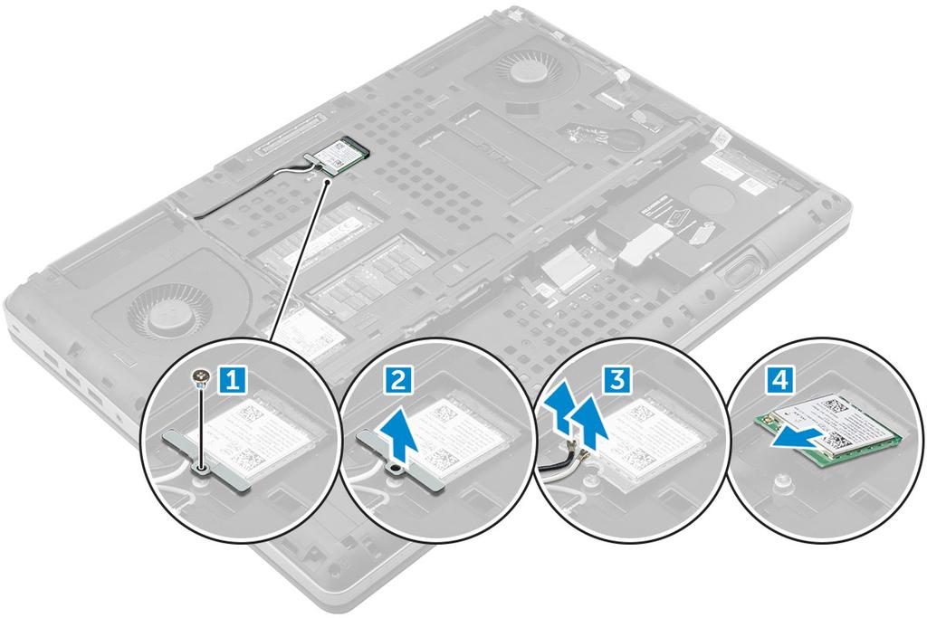 Installazione della scheda WLAN 1 Posizionare la scheda WLAN nel relativo slot del computer. 2 Instradare i cavi dell'antenna attraverso gli appositi canali e connettere i cavi alla scheda WLAN.