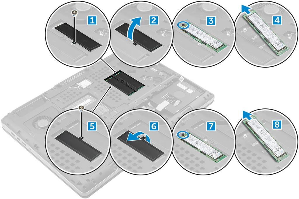 Installazione dell'ssd M.2 1 Posizionare l'ssd nel relativo slot. 2 Ricollocare la vite M2.0x3.0 per fissare l'ssd al computer. 3 Posizionare la piastra termica sull'ssd. 4 Ricollocare la vite M2.0x3.0 per fissare la piastra termica al computer.