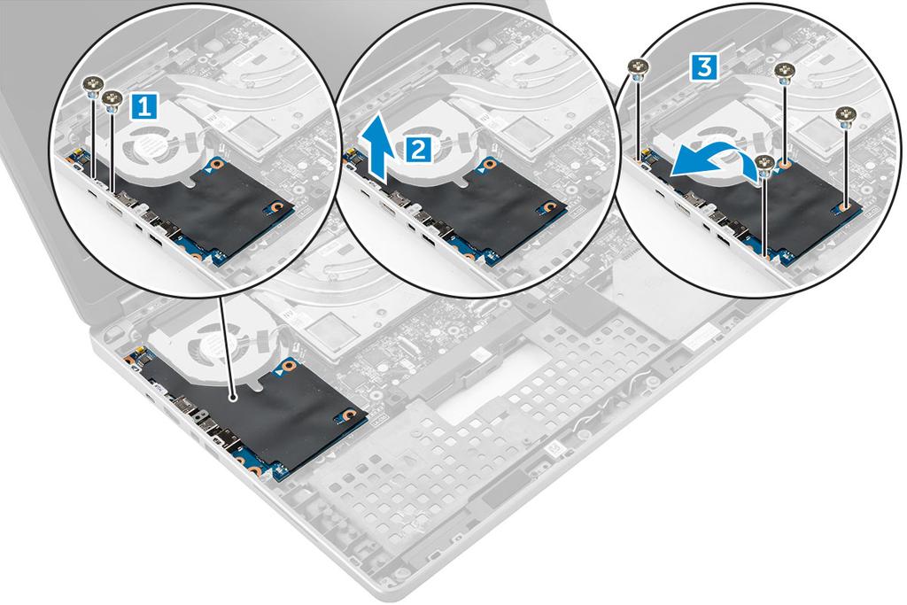 3 Per rimuovere la scheda di I/O: a Rimuovere le viti M2.5x5.0 che fissano la staffa Thunderbolt al computer [1]. b Sollevare il supporto del connettore Thunderbolt [2]. c Rimuovere le viti M2.5x5.0 che fissano la scheda I/O al computer [3].