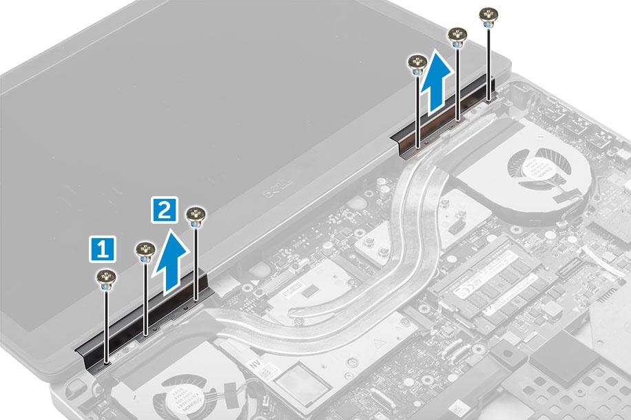 Installazione degli altoparlanti 1 Allineare gli altoparlanti negli slot sul computer. 2 Instradare il cavo degli altoparlanti attraverso le linguette delle guide di instradamento del computer.