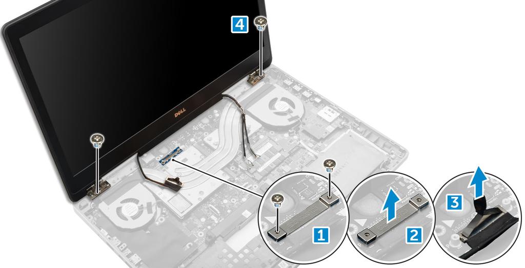 4 Per scollegare i cavi dell'antenna: a Capovolgere il computer e rimuovere le viti M2.0x3 dal computer [1]. b Estrarre i cavi dell'antenna attraverso il foro di instradamento [2].