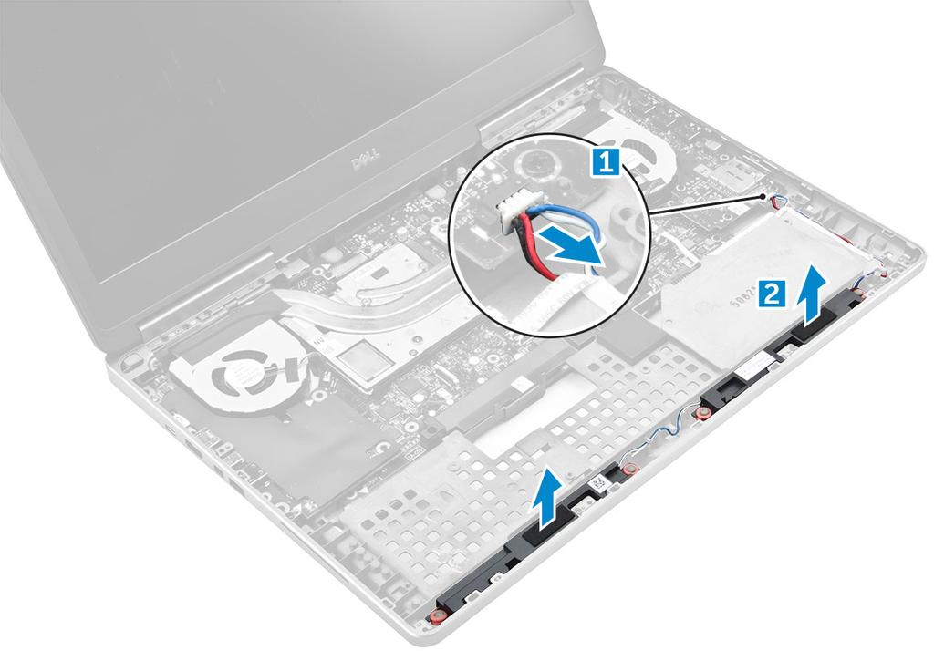 Installazione degli altoparlanti 1 Allineare gli altoparlanti negli slot sul computer. 2 Instradare il cavo degli altoparlanti attraverso le linguette delle guide di instradamento del computer.