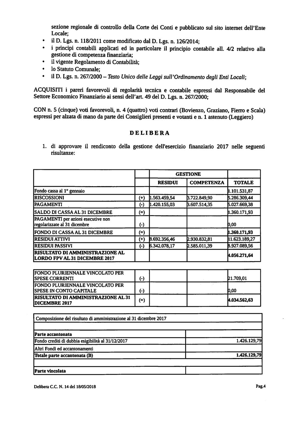 sezione regionale di controllo della Corte dei Conti e pubblicato sul sito intemet dell'ente Locale; il D. Lgs. n.