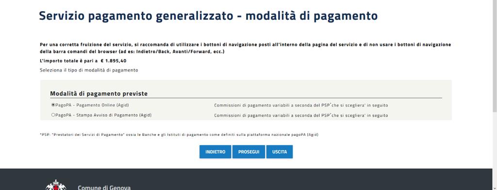 Servizio Tariffe Scelta metodo di pagamento In questa pagina il servizio presenta la scelta del metodo di pagamento.