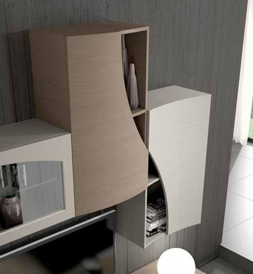 Ola base unit, wall units with 2 curved doors/glass top-hinged door/concave curved door/convex curved door, Clay oak - Grey finishes.