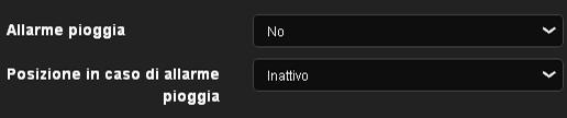 - Allarme pioggia: Permette di disporre la tapparella o la veneziana in una posizione predefinita quando l'allarme è attivato.